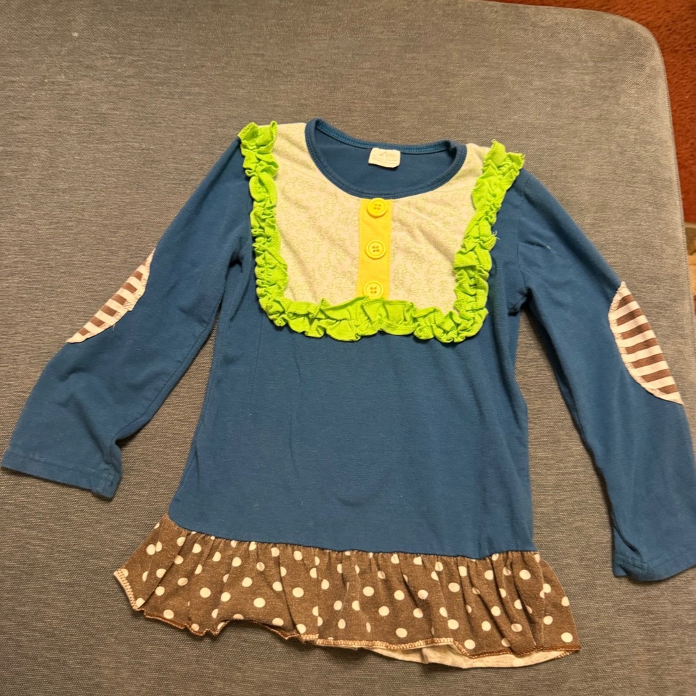 Girls Blue Ruffle Bib Top Long Sleeve Polka Dot Hem Striped Elbow Patches 5T